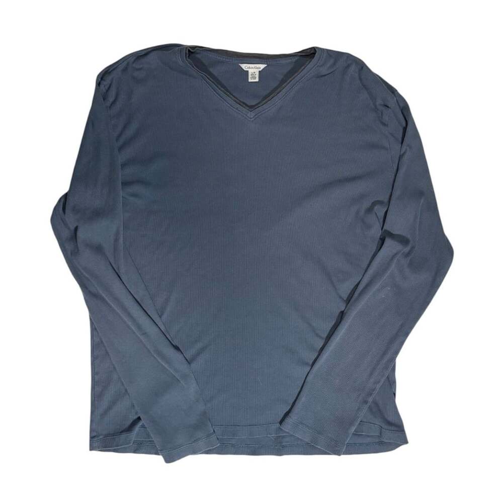 Calvin Klein Long Sleeve V-Neck Shirt Size L Blue Ribbed Cotton